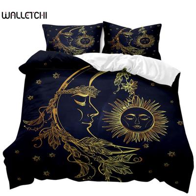 Parure de lit bohème avec housse de couette 3D Golden Sun and Moon pour enfants, adolescents et adultes, double, Queen, King Size, housse de couette en polyester