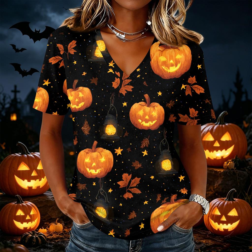Women Casual Short Sleeve V Neck Pullover Top Halloween Pumpkin Print Lightweight Loose Fit Blouse for Everyday Wear