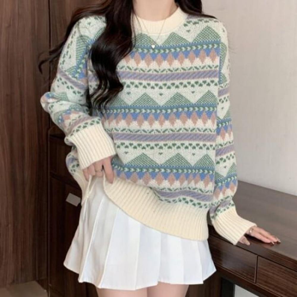 Navava EThnic PaTTern PoinT Round Neck Long Sleeve KniT T Nk3327