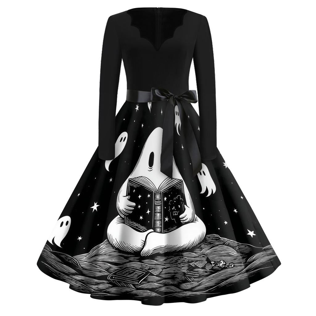 Women's Casual Halloween Dress V Neck Long Sleeve Retro Style Vintage Ghost Print Midi Dress with Waist Tie for Daily Wear