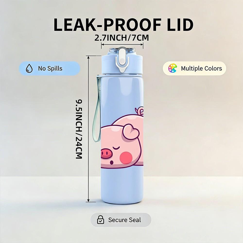 1PC Sleep Pink Pig Simple Cartoon Print 750ml Color Plastic Sports Water Bottle Leakproof Flip Straw Lid Suitable for Sports Office Home Use