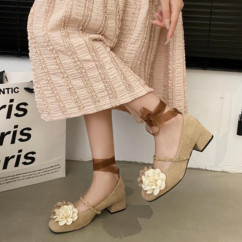 Fashion 2024 Retro Rose Shallow Mary Jane Womens Shoes Suede Strappy Flat Ballet Shoes Fashion Versatile High Heels Zapatos De Mujer