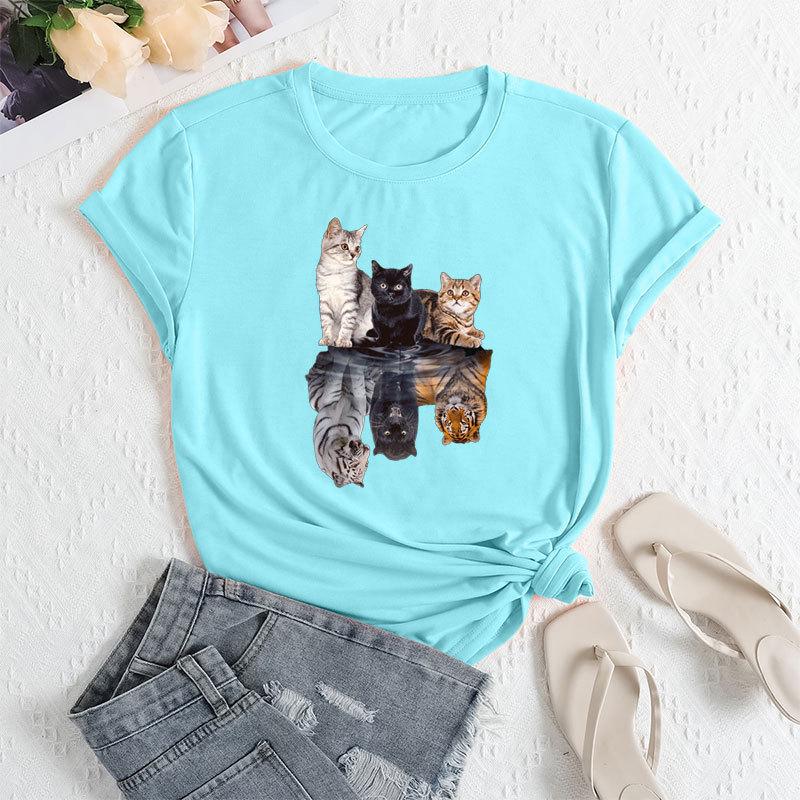 Summer Women's Three Cat Printed Loose Round Neck Casual Cotton Short Sleeves T-Shirts Women's