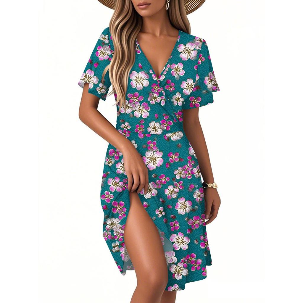 Women's Fashion Short Sleeve Wrap Sundress V-Neck Floral Print Dresses