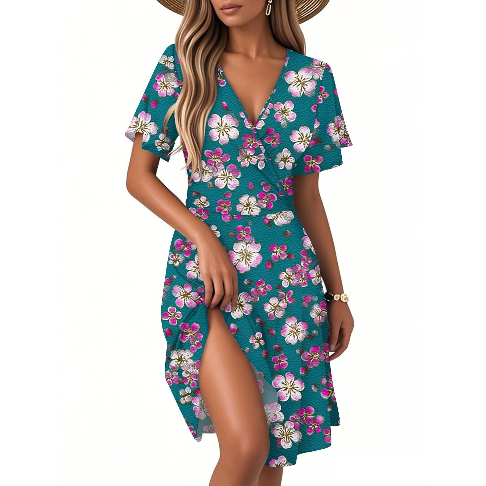 

Women s Fashion Short Sleeve Wrap Sundress V-Neck Floral Print Dresses L