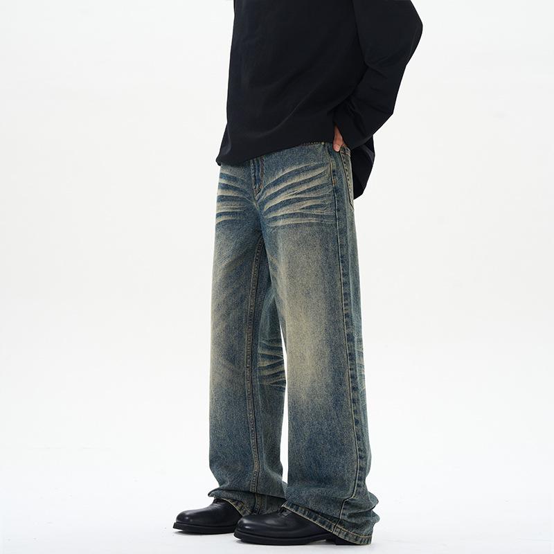 

LKTM Джинсы унисекс винтажной стирки - Весенние ретро длинные брюки с потертостями M (105-120 jin)