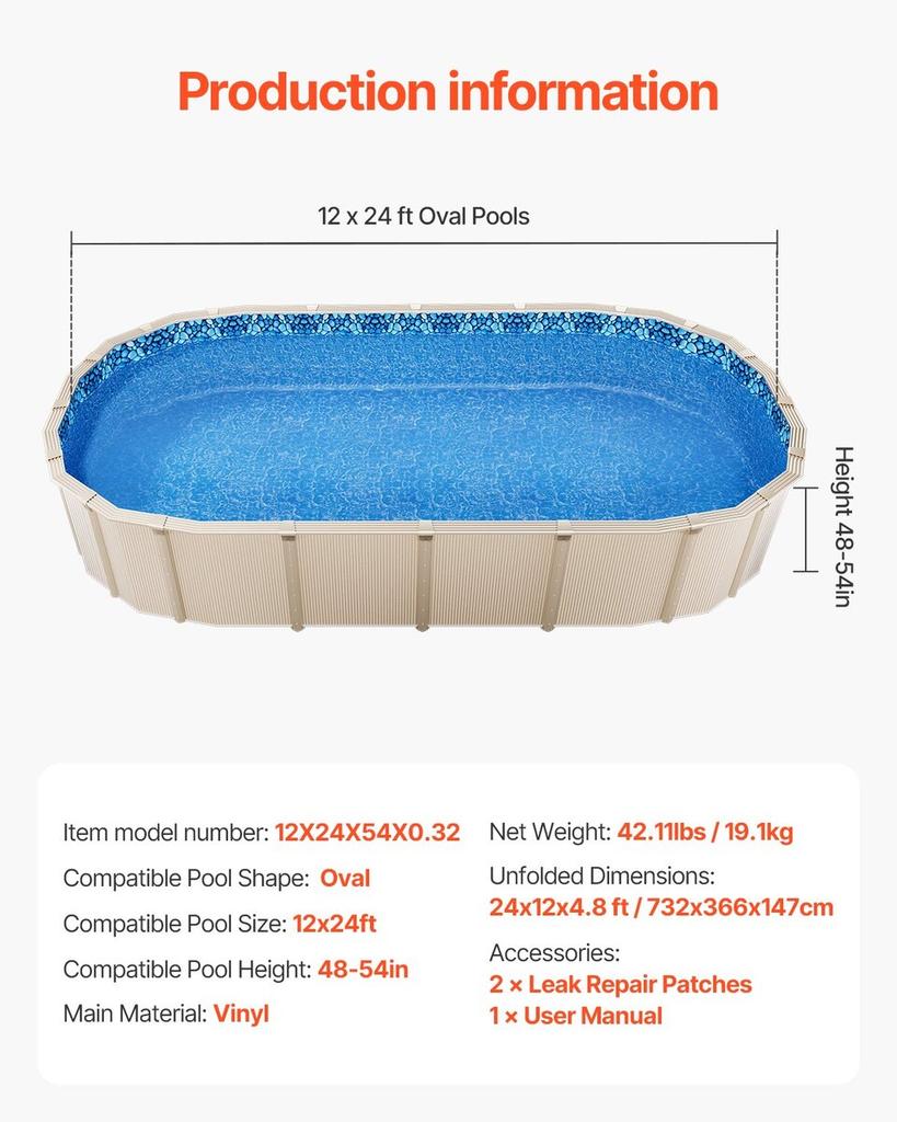 Oval Pool Liner 12x24ft Overlap Style Pool Liner 54in Wall Height