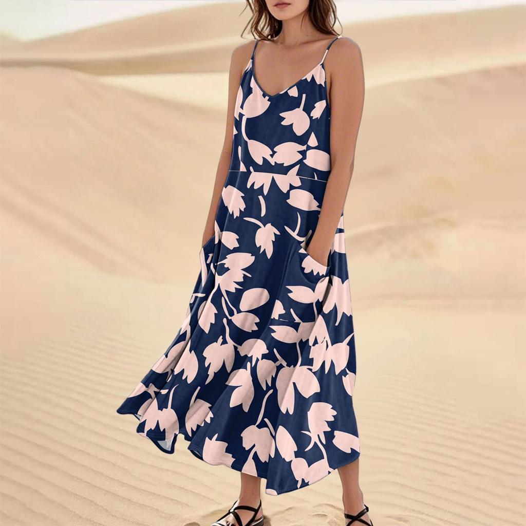 Damenmode Lässig Ärmellos Tasche Langes Strandkleid mit Blumendruck