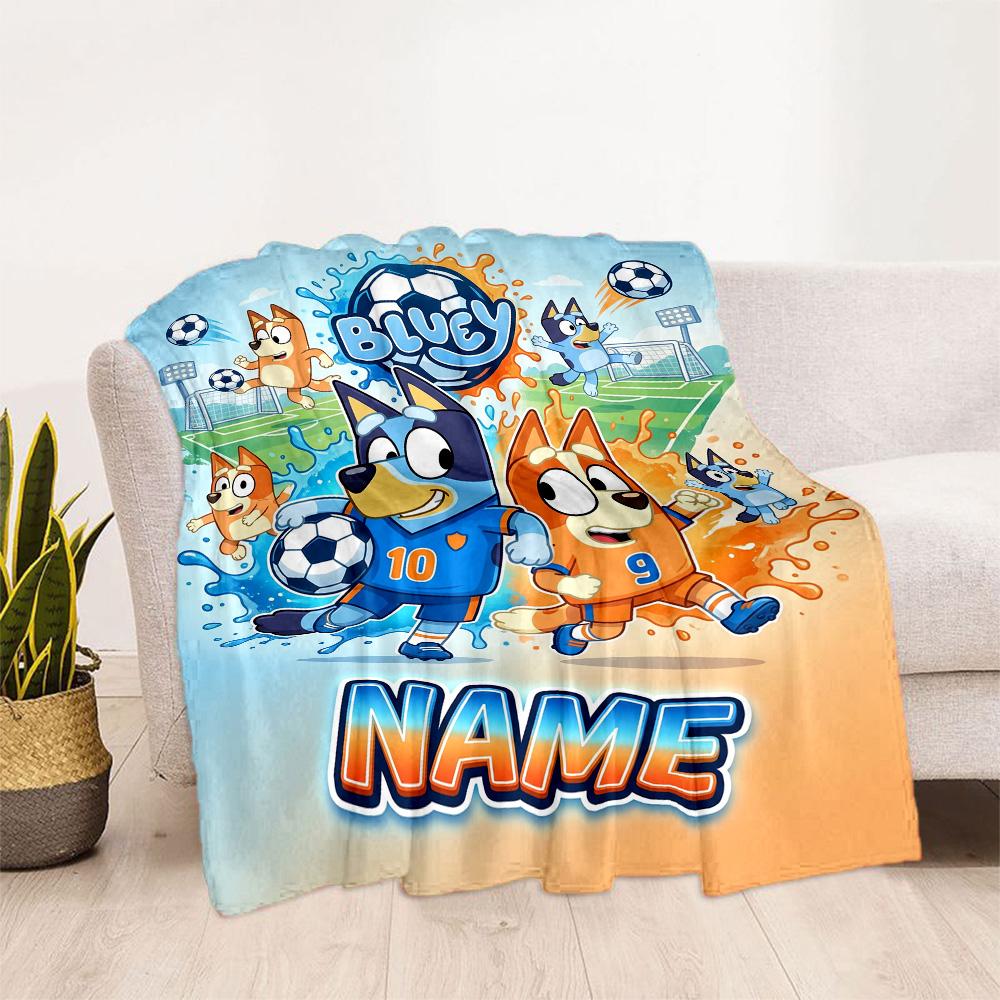 Bluey's Soccer Fun Personalized Name Blanket Cozy Customizable Blanket Ultra-Soft Versatile for Home Decor Chair Office Livingroom for All Occasions