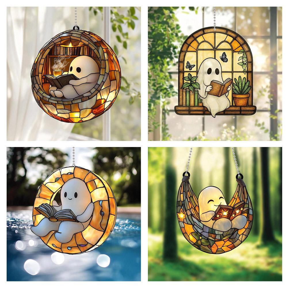 Halloween Ghost Reading Book Suncatcher Hanging Decor Acrylic Window Hanging Ornament Colorful Shadow Home Car Interior Decor