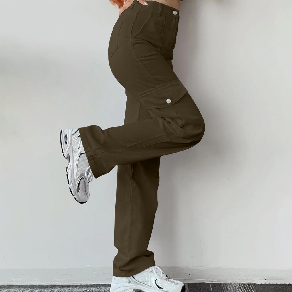 Ladies' Loose Casual Mid Waist Three-Dimensional Pocket Long Waist Solid Color Work Pants