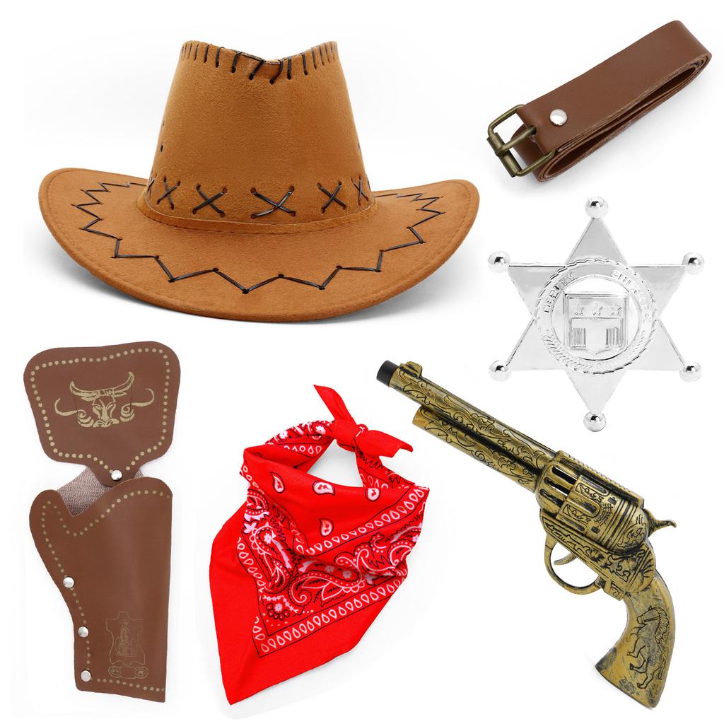 Western Cowboy Costume Accessory Set Sheriff Hat Bandana Holster Belt Badge Gun Halloween Cosplay Props