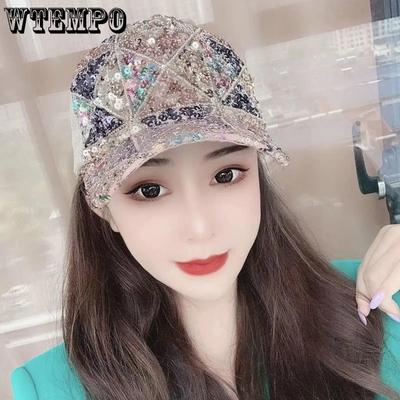 Sunscreen Sunshade Duck Tongue Cap Women's Versatile Breathable Korean Color Contrast Sequins Baseball Cap for Spring Summer