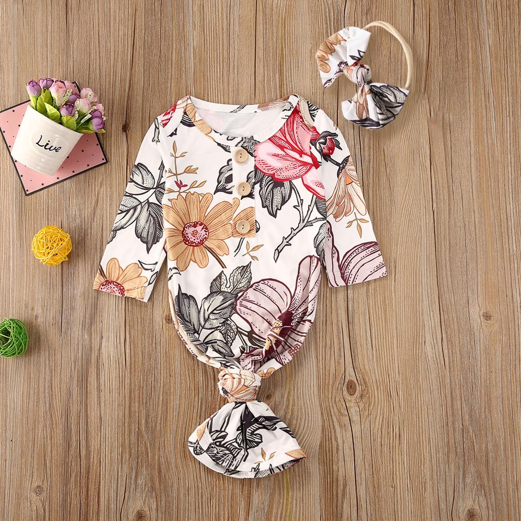 Newborn Floral Gowns Long Sleeve Baby Sleep Bag Newborn Clothes Baby Wearable Blanket with Headband for Girls