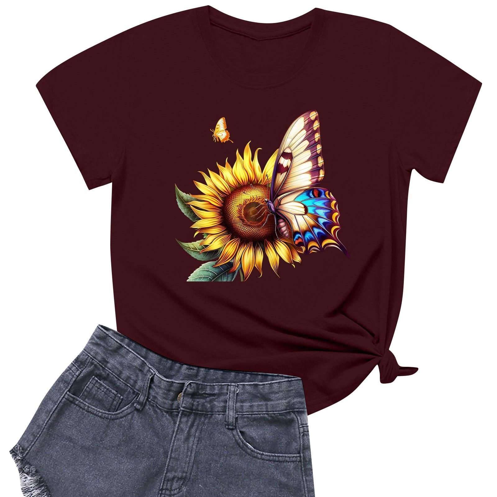 

Women s Fashion Printed Round Neck Short Sleeved Casual T-shirt Top L винний