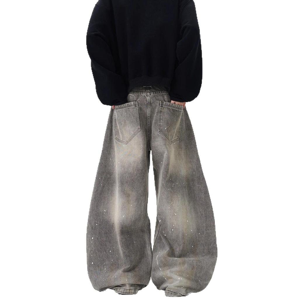 Unisex Retro Distressed Grey Splatter Paint Jeans - American Street Style
