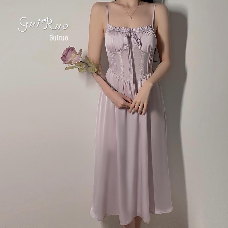 Guiruo Lace-Trimmed Deep V Nightdress Set with Chest Pads