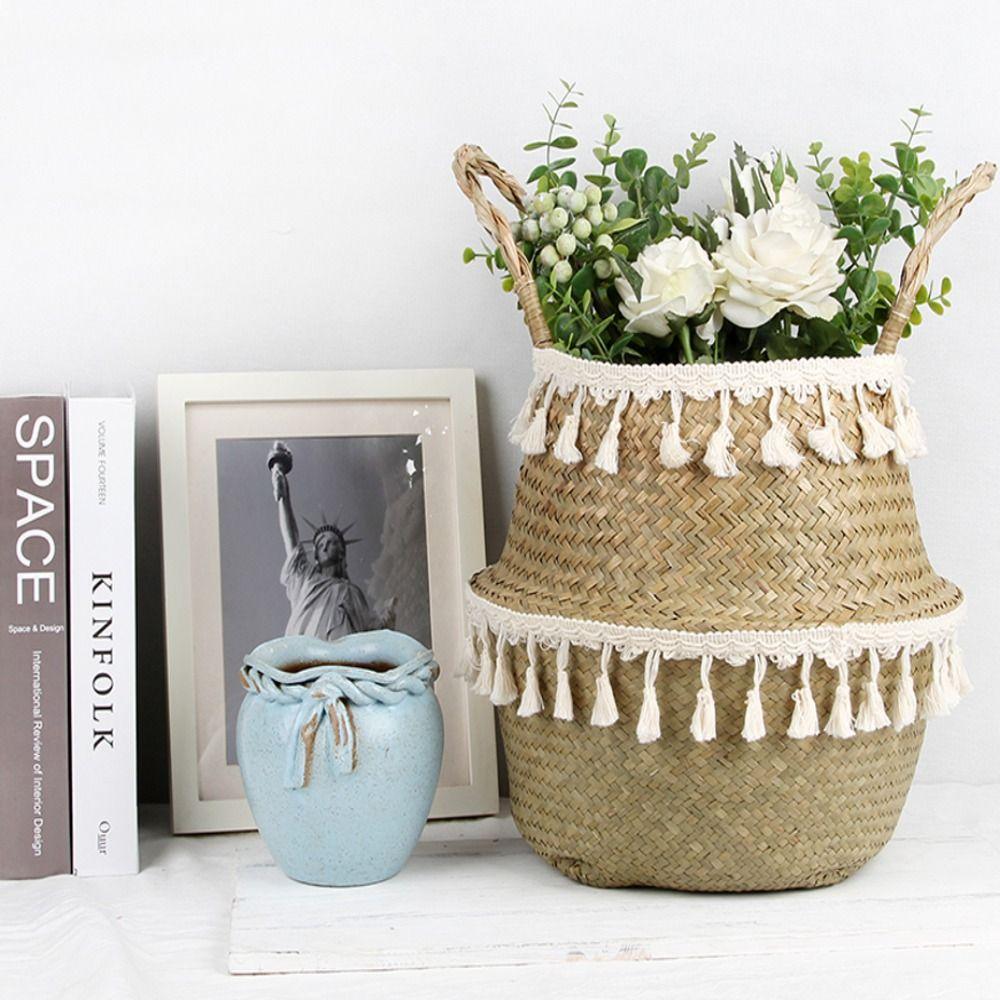 Handgefertigt mit Griff Boho Deko Korb Umweltfreundlicher Rustikaler Weidenkorb Quasten-Design Handgeflochtener Korb Heimdeko
