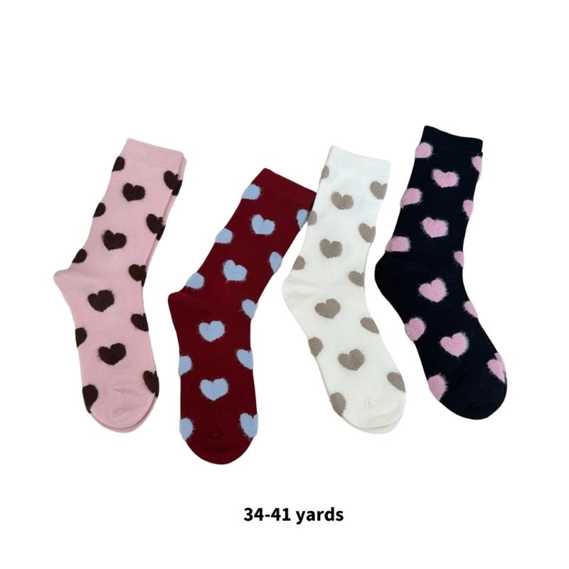 4 Pairs Womens Casual Crew Socks Elastic Fit Flocking Heart Pattern Soft Nylon Fabric Calf Socks for Comfort and Fashion