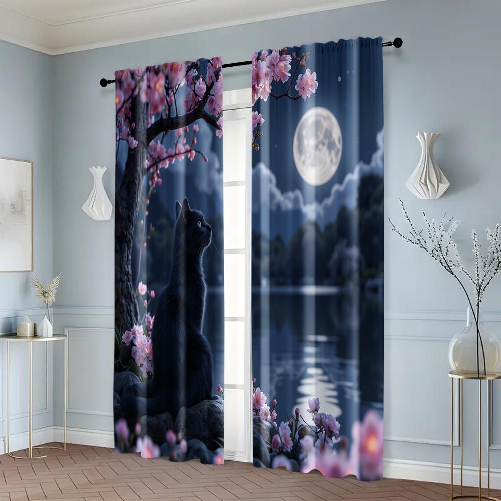 2pcs   Curtains Cherry Blossom Black Cat Machine Washable Polyester (without rod) Thermal Insulation   and Room Darkening