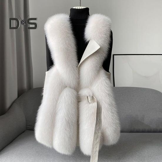 Women Winter Vest Coat Thick Fluffy Faux Fur Cozy Solid Color Sleeveless Button Closure Belt Decor Solid Color Windproof Faux Leather Patchwork Warm