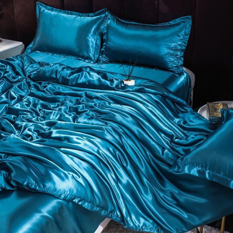 Double-sided four-piece set silky cool solid color three-piece set bed sheet quilt cover summer cool bedding