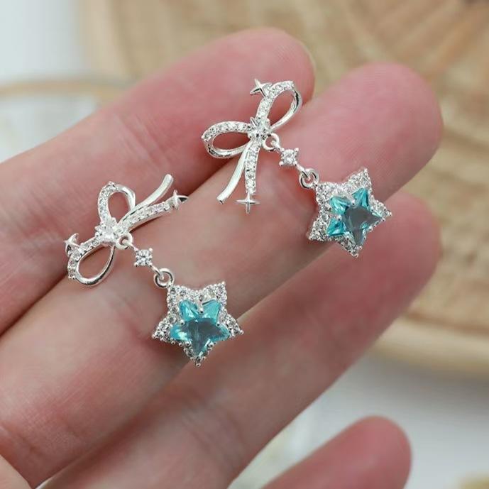 

Bow And Rhinestone Earrings With Star Charm 925 Silver Ear Studs Sweet And Elegant Jewelry For Women