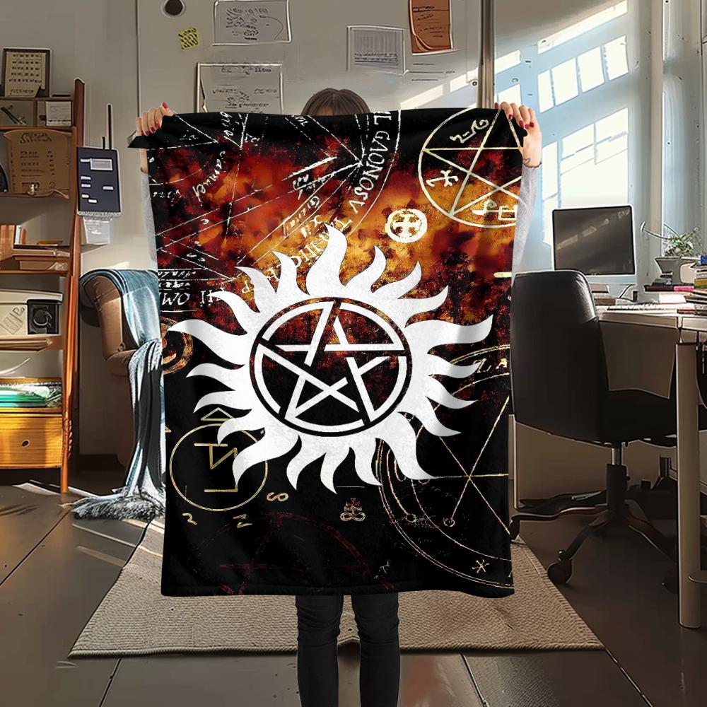 1Pc Pentagram Supernatural Print Flannel Blanket, High Quality Comfortable for All Seasons, Home Decor, Warmth and Comfort, Perfect for Gifts