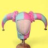 Knitted Clown Hat With Green-Yellow Stripes Ruffled Trim Bell Tassels Pointed Cone Top Halloween Costume Party