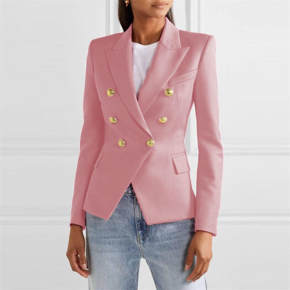 Women's Lapel Double Breasted Blazer Solid Color Long Sleeve Slim Fit Formal Business Short Suit Jacket