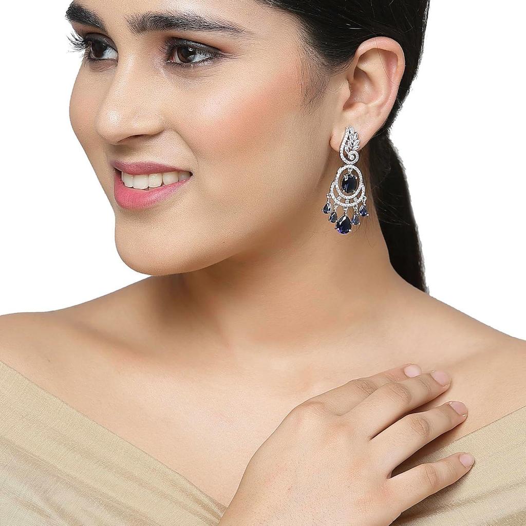 Rhodium-Plated American Diamond Studded Oval & Leaf Shaped Drop Earrings For Girls and Women