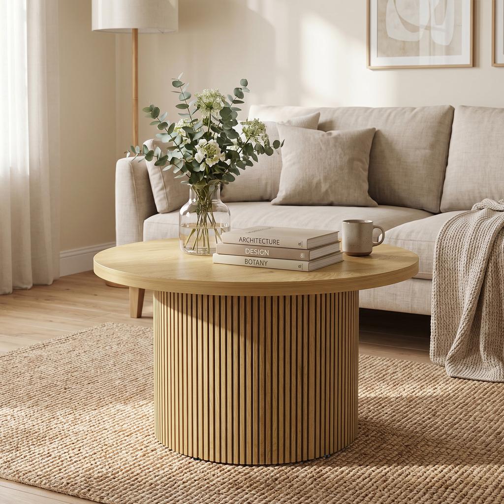 Round Wooden Coffee Table, Fluted Legs, Natural Wood Effect