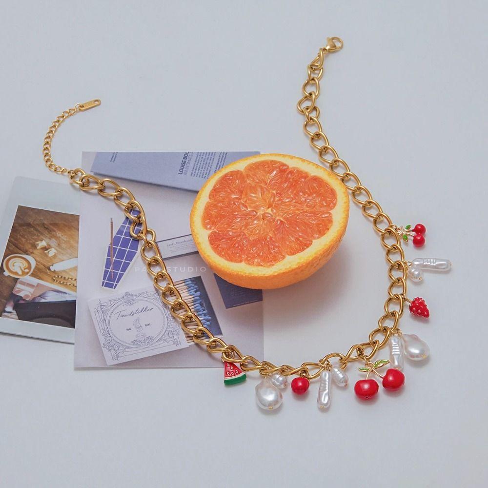 Fruit Series Strawberry Necklace Loveheart Love Chain Choker France Style Cherry Bracelet  Spring
