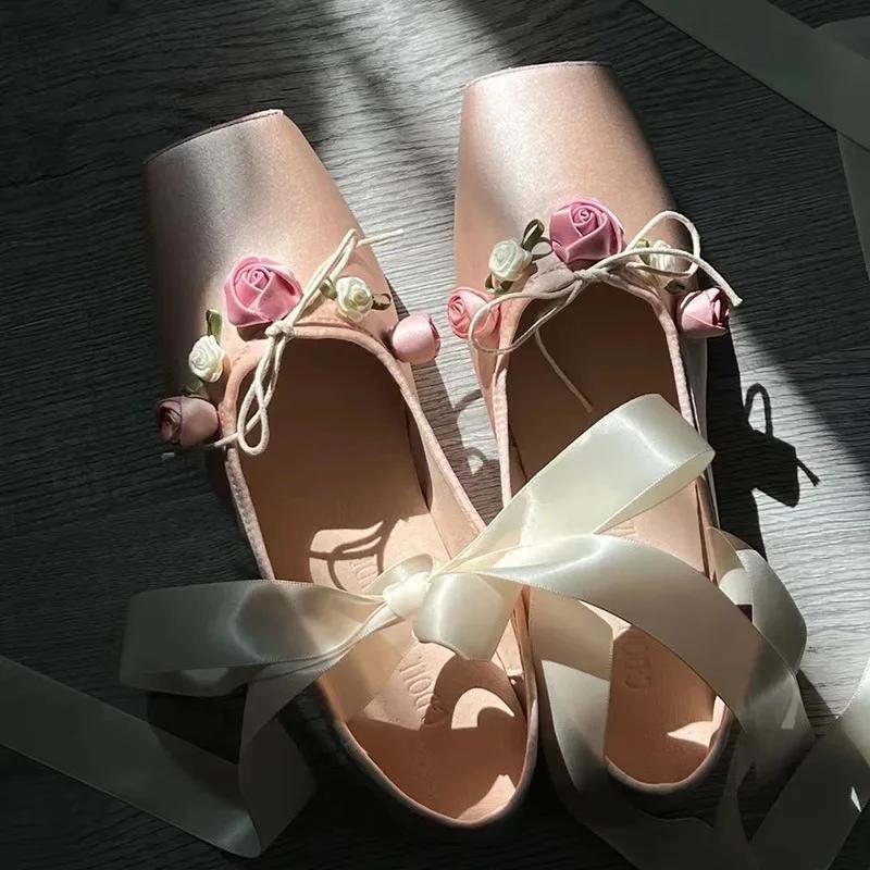 Fashion 2025 NEW Classic Silk Ballet Shoes Ribbon Lace Up Ballet Shoes Women Square Toe Rose Flower Elegant Valentine Flats Pink Apricot