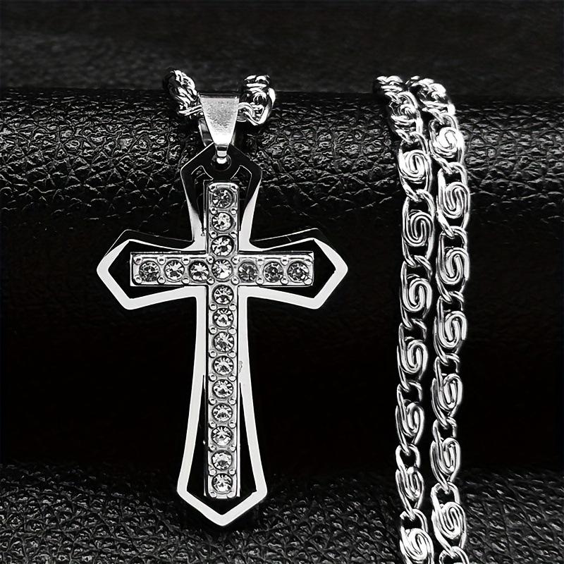 New Men's Stainless Steel Cross Necklace with Diamonds, Vacuum Plating, Non-fading Hip-hop Accessories