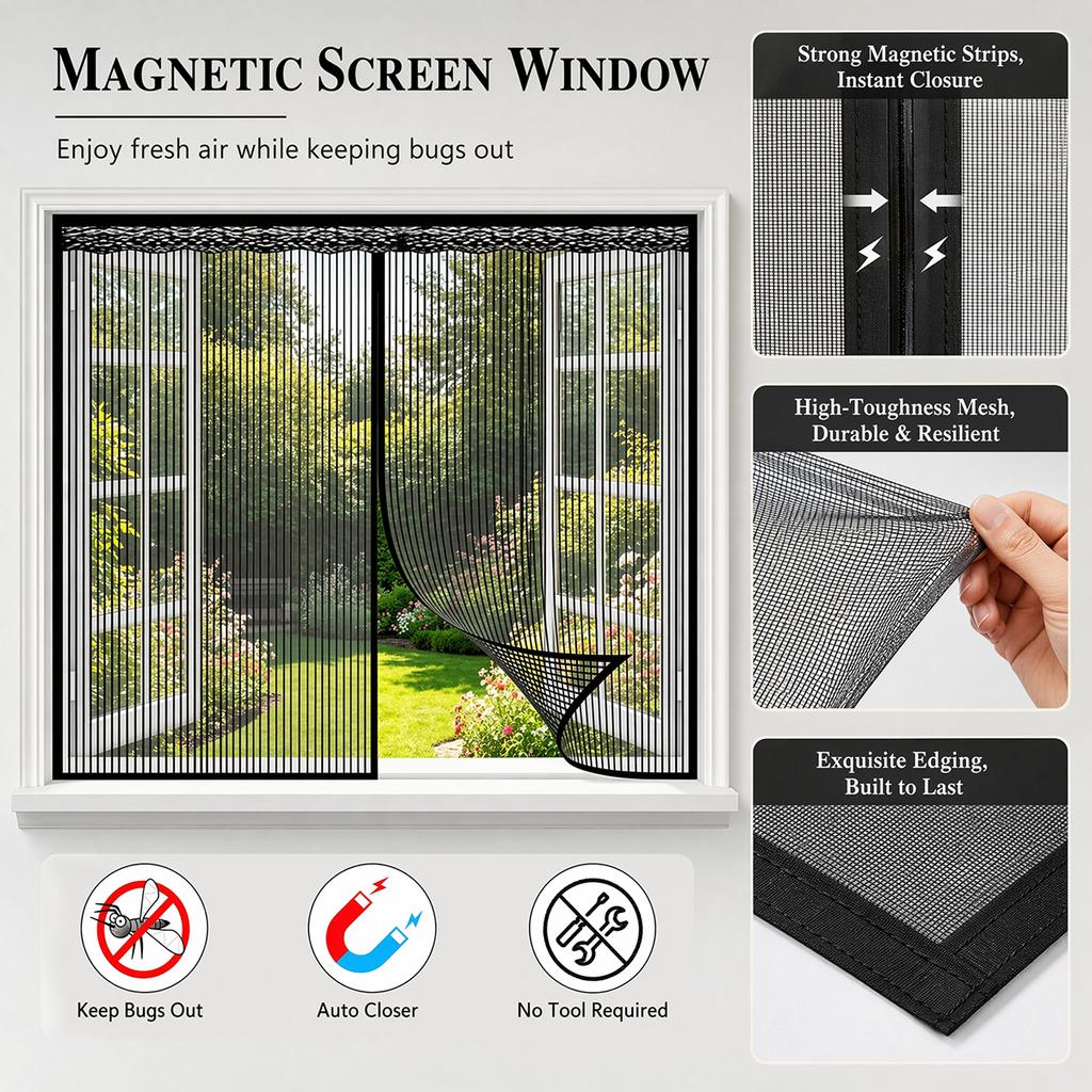 Magnetic Mosquito Screen, Window Screen, High-Density Polyester Screen, Magnetic-Closure Screen To Keep Out Mosquitoes and Flies—Black