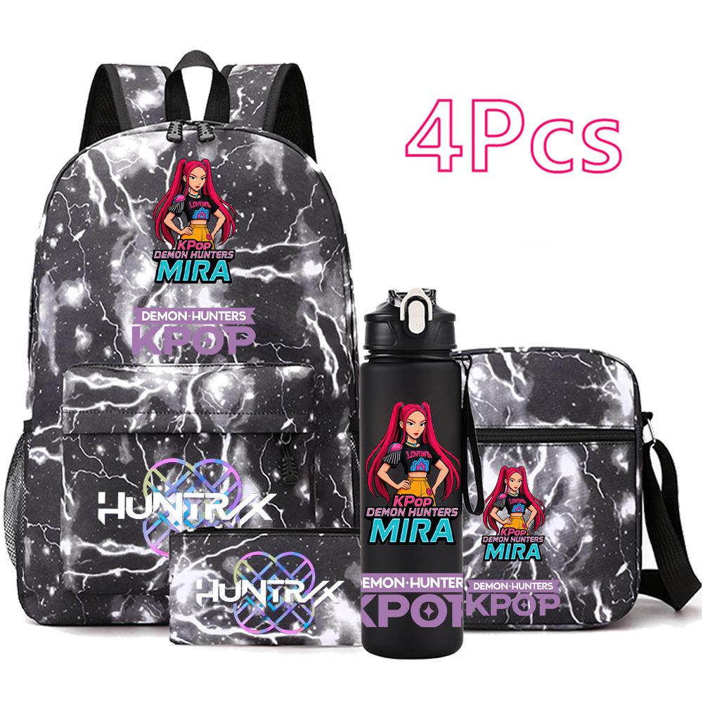 4-teiliges/Set Anime Niedlich K-Pop Bedruckter Rucksack mit 750 ml Wasserflasche für Teenager Schüler Mädchen Junge Schultasche Kindergeschenk Große Kapazität Reisetasche Mochila