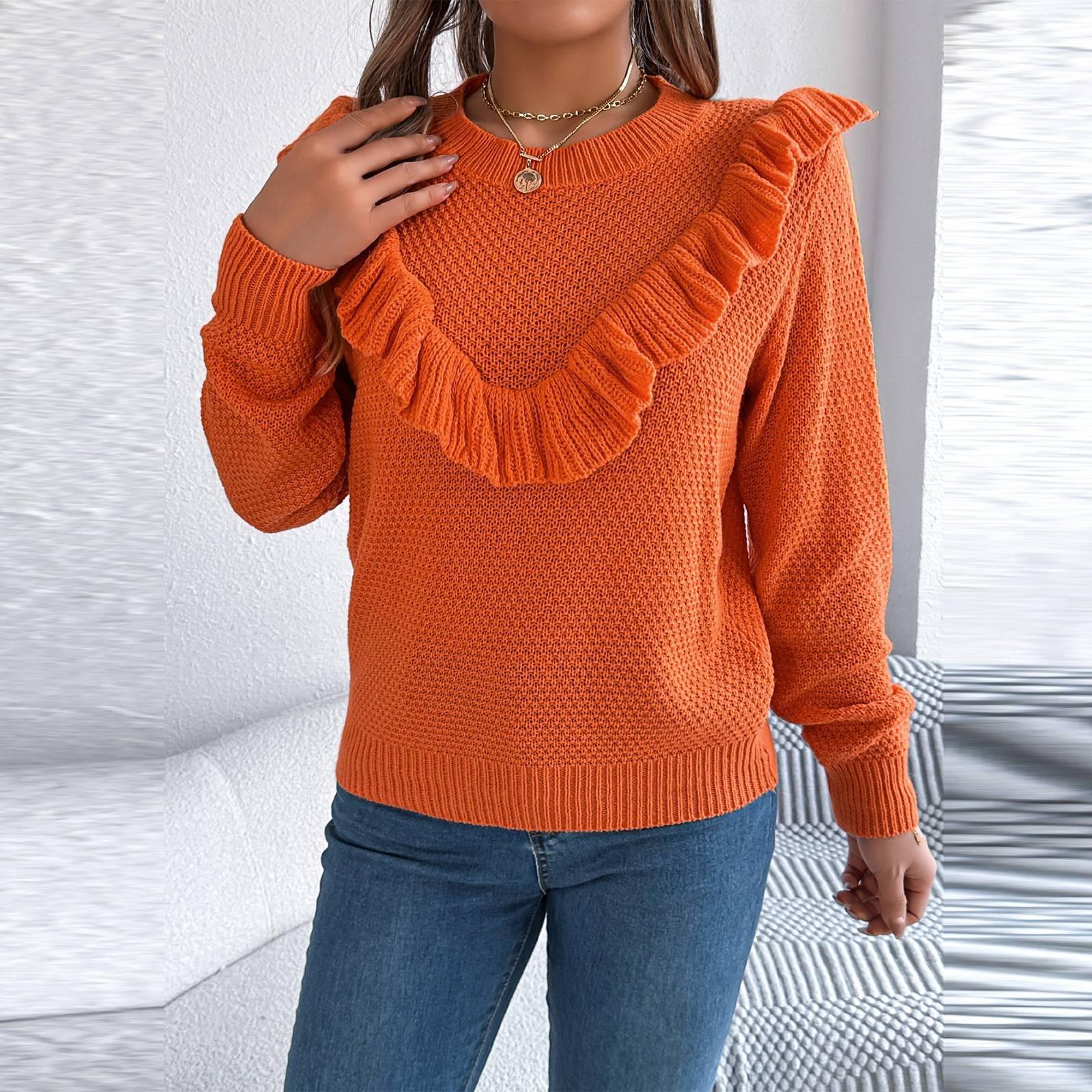 

Женская мода повседневный свободный однотонный круглый вырез свитер с оборками длинный рукав пуловер топ XL оранжевый