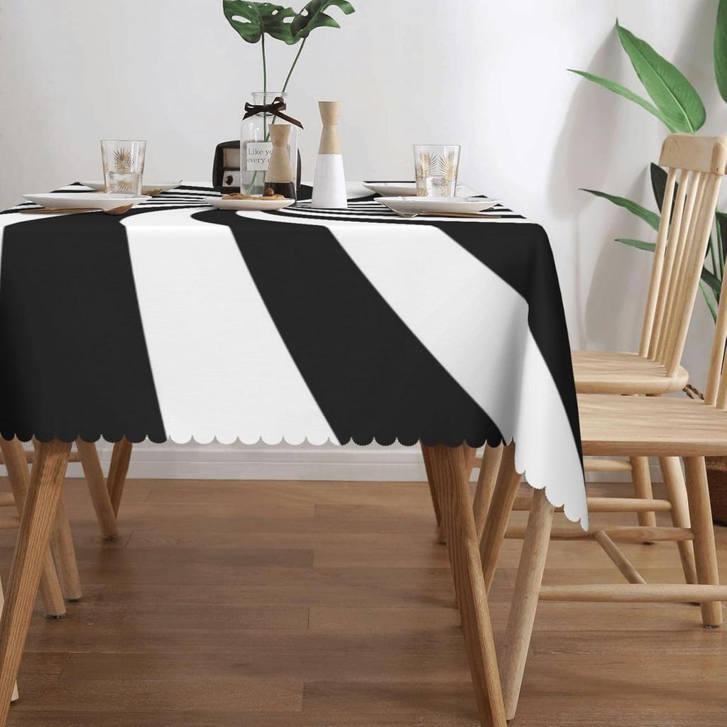 Funny Swirl Stripes Black White Tablecloth, Modern Geometric Rectangular Washable Table Cover for Dining Kitchen Party