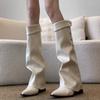Sheepskin Version ~ Small Fragrance Wind Pointed Toe Wedge Boots Women's Boots 2025 Retro Knee-length Trouser Boots Knight Boots