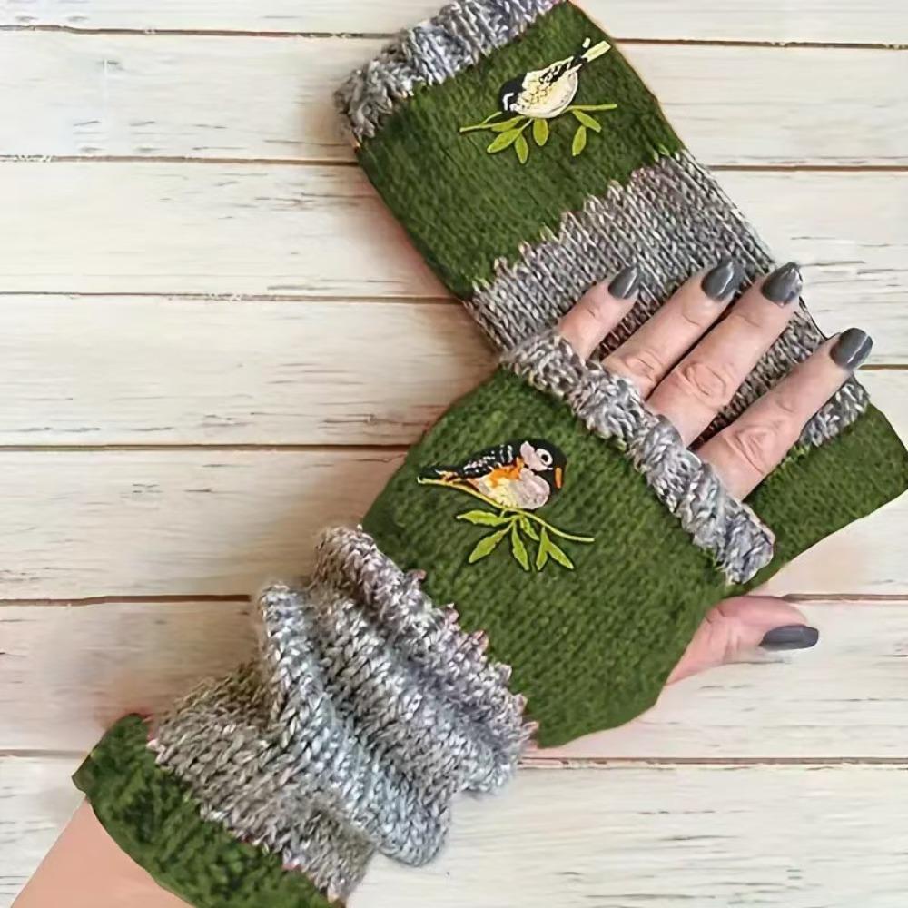 Warm Half Finger Gloves Embroidered Bird Fingerless Gloves Fashion Knit Mittens  for Men Women