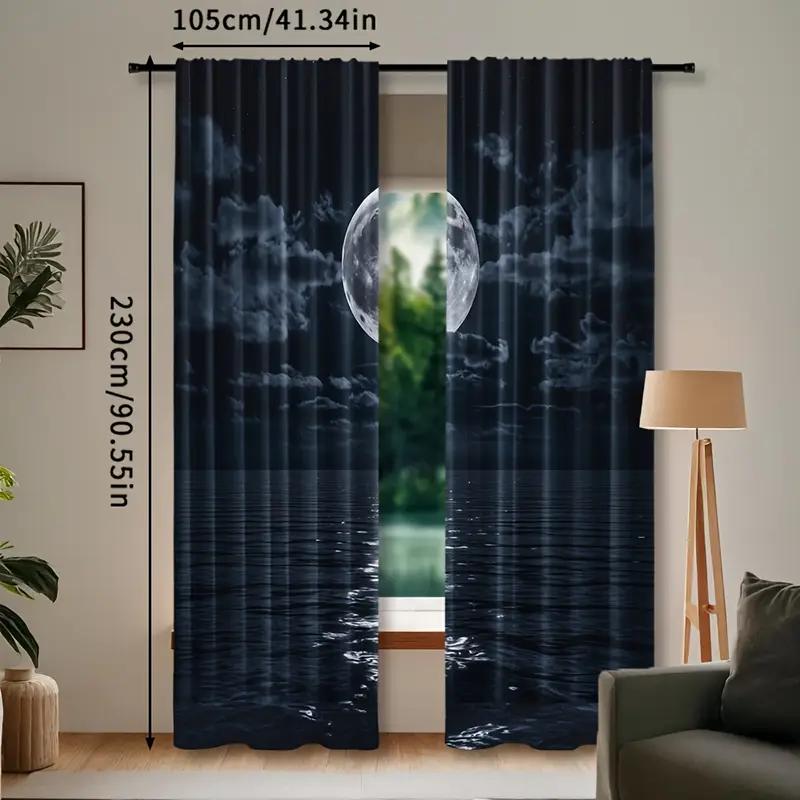 2pcs Serene Moonlit Sea Printed Curtains, Designed for Light Filtering, Quality Material, Ideal for Nature-Themed Home Window De