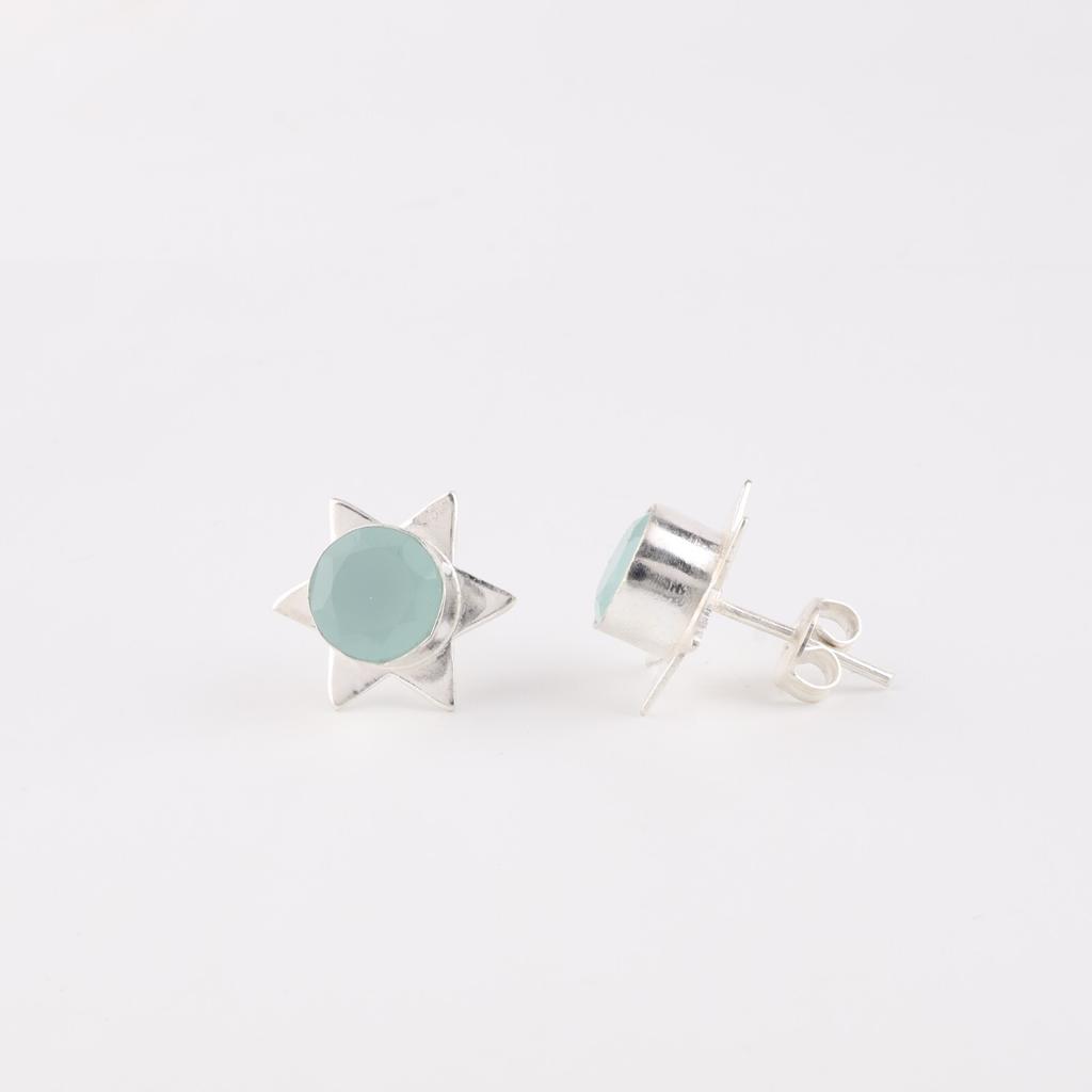 Aqua Chalcedony Gemstone 925 Sterling Silver Jewelry Handmade Stud Earring 0.44" EE-175-21