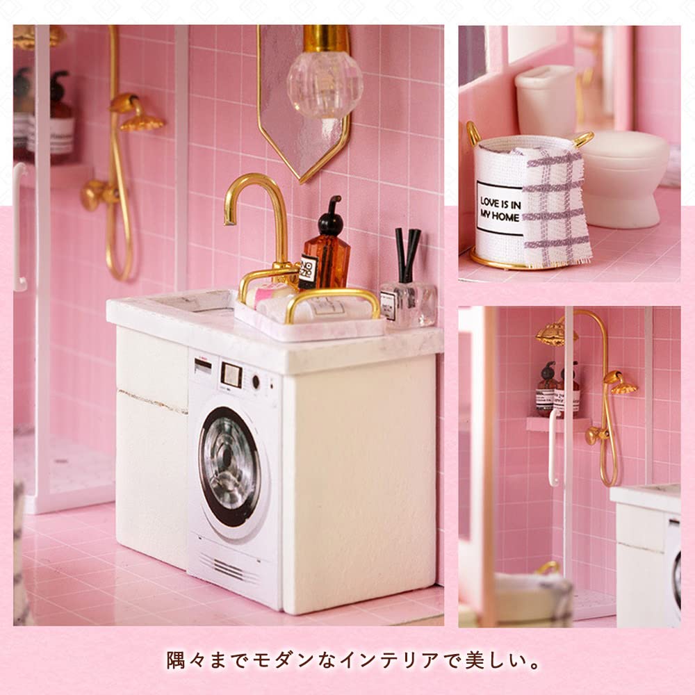 moin moin Scale Dollhouse Miniature DIY Kit Set DIY Model Room Style Modern Pink Floral Design Room Wedding Gift LED Light Acrylic Case 2305dh388 1/24