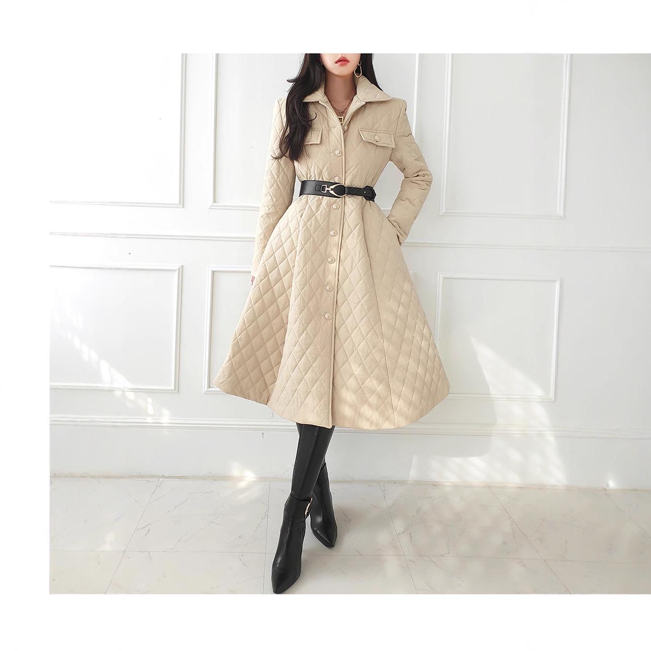 

Модное стеганое длинное хлопковое пальто 2024 с поясом One Size абрикосовый