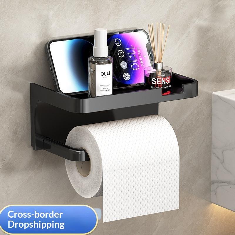 Toilet Paper Holder with Phone Shelf Adhesive No Punch Wall Mounted Tissue Rack for Hotel Bathroom Home Use