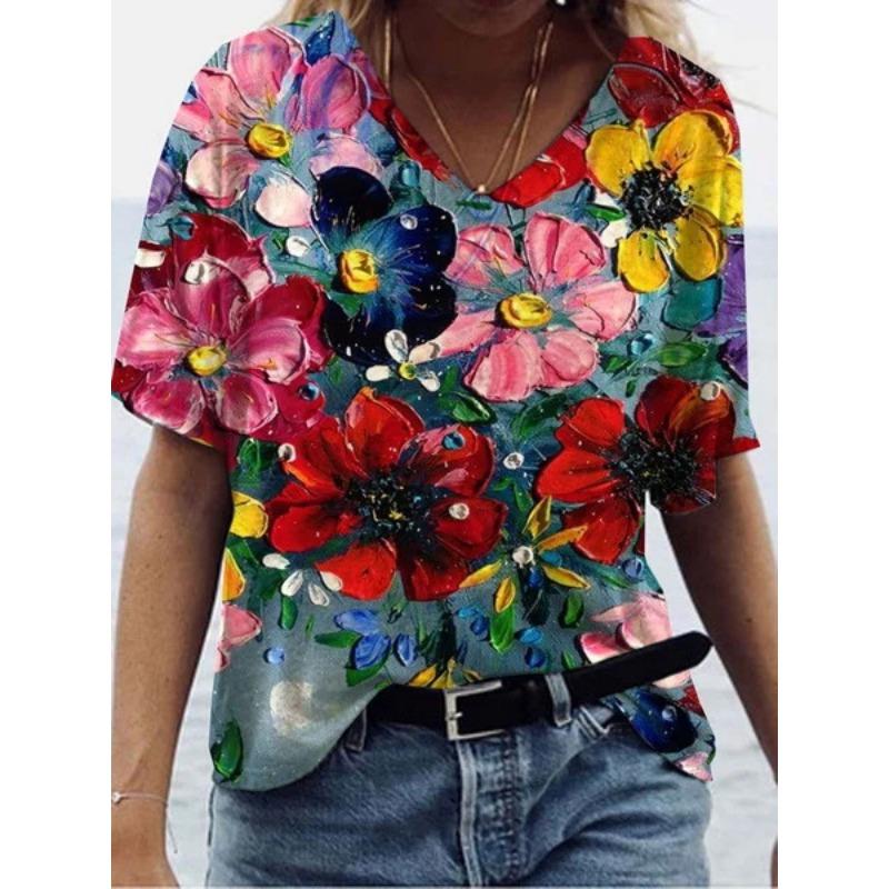 Sommer Graffiti Blume 3D-gedrucktes Kurzarm Damen V-Ausschnitt Buntes Lässiges Vielseitiges T-Shirt