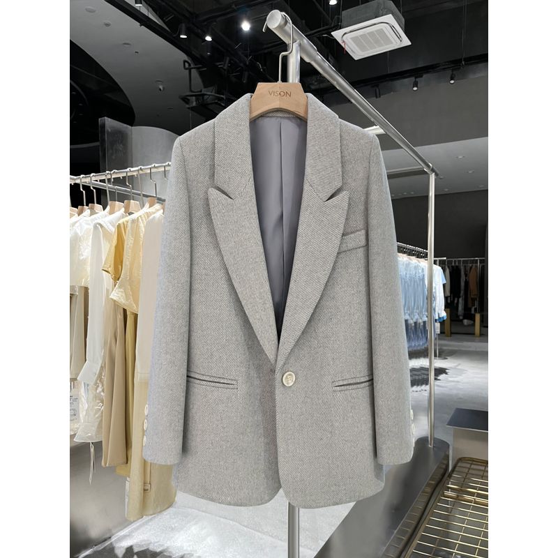 

Fancy Small Suit Outwear Women s K-style Herringbone Pattern Elegant Woolen Cloth off-Season Autumn and Winter New Arrival Retro Winter Blue-Gray M