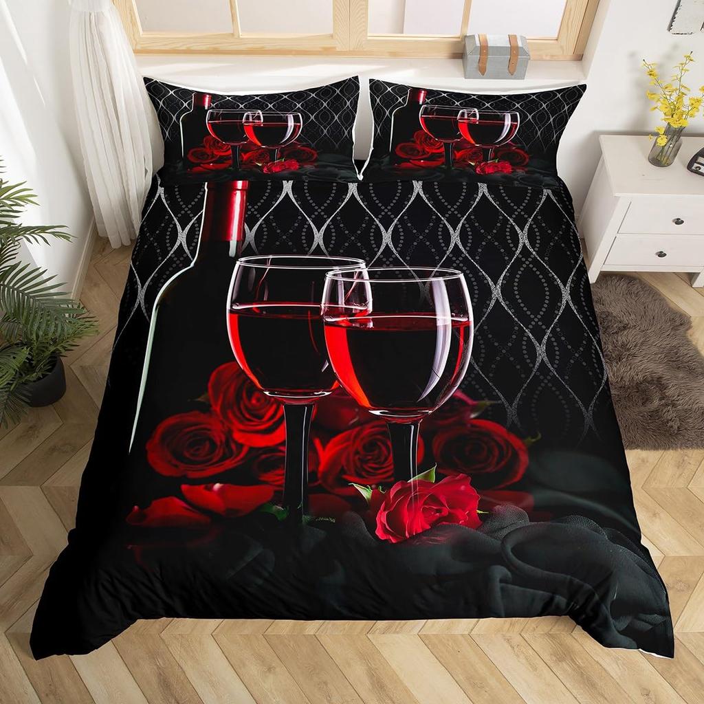 Red Rose Duvet Cover Romantic Floral Bedding Set for Women Girls Couple Valentine's Day Love Hearts Flower Comforter Cover King