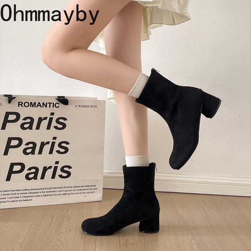 Vintage Stretch Slim Women Ankle Boots Fashion Pointed Toe Thick Heel Shoes Street Style Banquet Party Short Botas Mujer